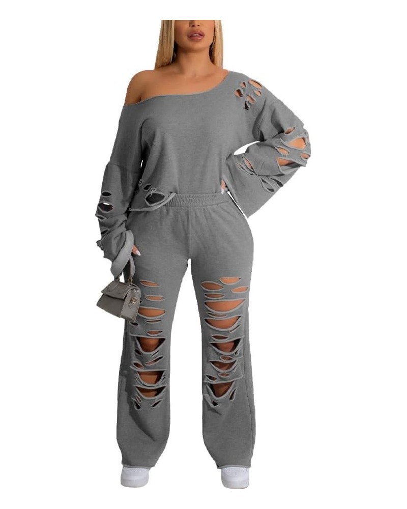 Two Piece Set Off Shoulder Long Sleeve Pullover Lounge Sets for Women Tracksuit Fall Outfits Women Trendy Gray $24.95 Activewear