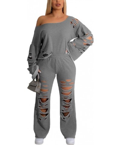 Two Piece Set Off Shoulder Long Sleeve Pullover Lounge Sets for Women Tracksuit Fall Outfits Women Trendy Gray $24.95 Activewear