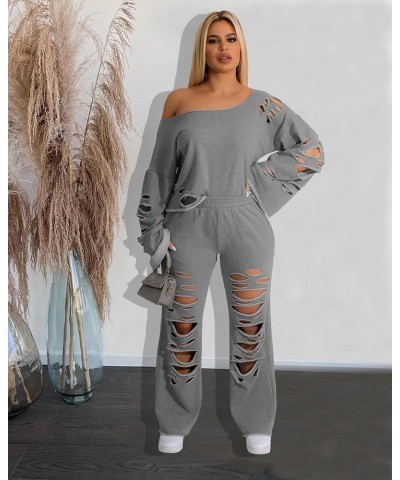 Two Piece Set Off Shoulder Long Sleeve Pullover Lounge Sets for Women Tracksuit Fall Outfits Women Trendy Gray $24.95 Activewear