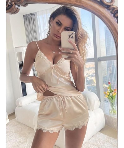 Women's Satin PJ Set Lace Trim Cami Top & Shorts Pajama Set Sleepwear Champagne $10.59 Sleep & Lounge