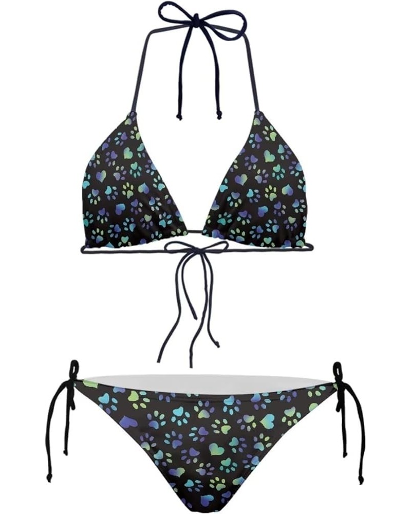 Womens Triangle Bikini Sets High Cut Tie Side 2 Piece Colorful Dog Paws $12.59 Swimsuits