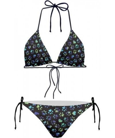 Womens Triangle Bikini Sets High Cut Tie Side 2 Piece Colorful Dog Paws $12.59 Swimsuits