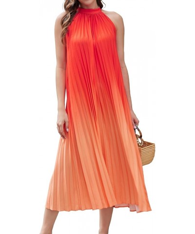 Women's Summer Sleeveless Tie Dyed Mini Swing Halter Neck Dress Dress with Belt Long Orange $15.07 Dresses