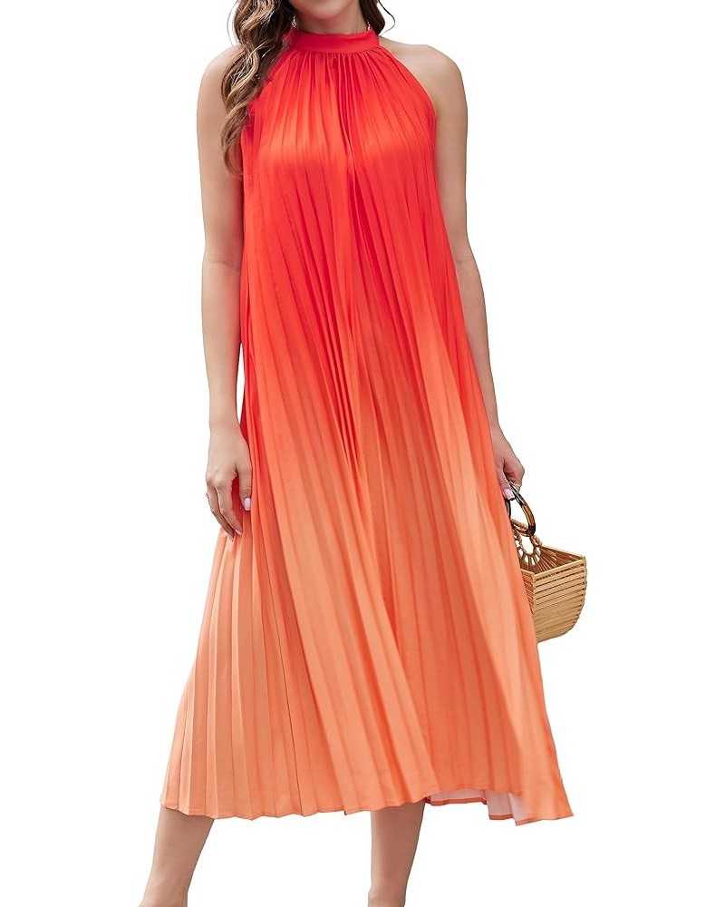 Women's Summer Sleeveless Tie Dyed Mini Swing Halter Neck Dress Dress with Belt Long Orange $15.07 Dresses