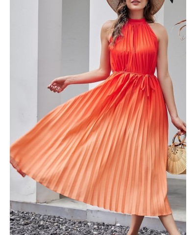 Women's Summer Sleeveless Tie Dyed Mini Swing Halter Neck Dress Dress with Belt Long Orange $15.07 Dresses