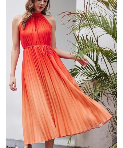 Women's Summer Sleeveless Tie Dyed Mini Swing Halter Neck Dress Dress with Belt Long Orange $15.07 Dresses