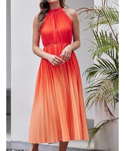 Women's Summer Sleeveless Tie Dyed Mini Swing Halter Neck Dress Dress with Belt Long Orange $15.07 Dresses