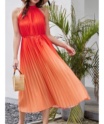 Women's Summer Sleeveless Tie Dyed Mini Swing Halter Neck Dress Dress with Belt Long Orange $15.07 Dresses