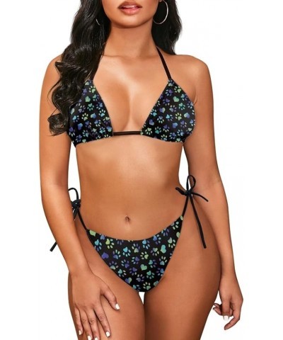 Womens Triangle Bikini Sets High Cut Tie Side 2 Piece Colorful Dog Paws $12.59 Swimsuits