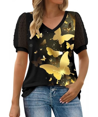 Womens Summer Tops V Neck T Shirts Swiss Dot Puff Sleeve Tops Loose Casual Tshirts Blouses C5-gold $5.79 Blouses