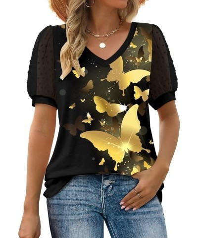 Womens Summer Tops V Neck T Shirts Swiss Dot Puff Sleeve Tops Loose Casual Tshirts Blouses C5-gold $5.79 Blouses