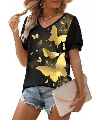 Womens Summer Tops V Neck T Shirts Swiss Dot Puff Sleeve Tops Loose Casual Tshirts Blouses C5-gold $5.79 Blouses