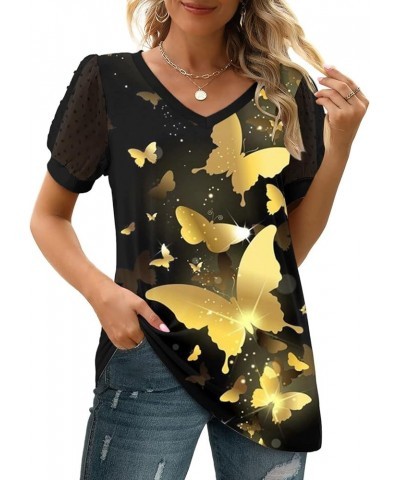 Womens Summer Tops V Neck T Shirts Swiss Dot Puff Sleeve Tops Loose Casual Tshirts Blouses C5-gold $5.79 Blouses