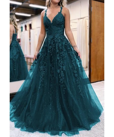 Glitter Tulle Prom Dresses for Women 2024 Lace Appliques Long Ball Gwons with Spaghetti Straps A-Line Evening Dresses Silver ...