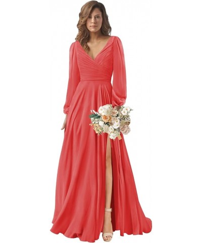 V Neck Bridesmaid Dresses for Women Long Sleeve Chiffon Evening Formal Gown with Slit Red $31.20 Dresses