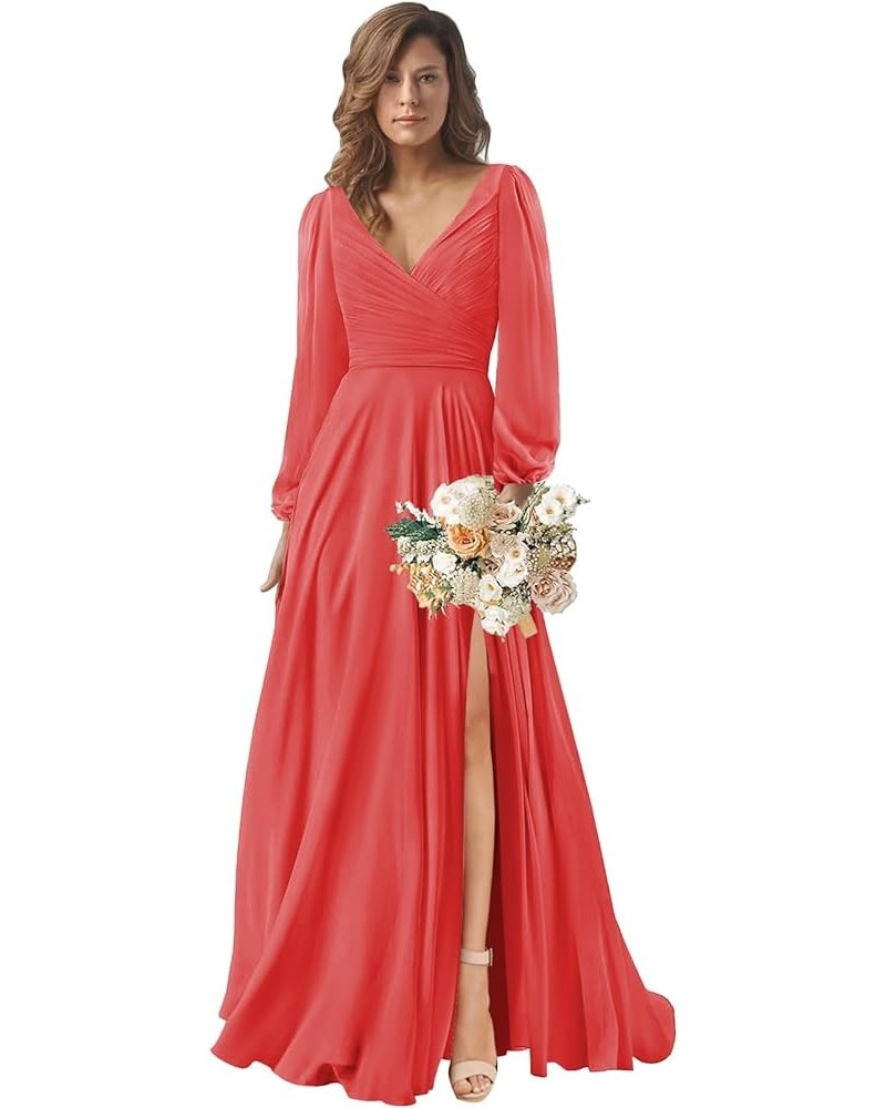 V Neck Bridesmaid Dresses for Women Long Sleeve Chiffon Evening Formal Gown with Slit Red $31.20 Dresses