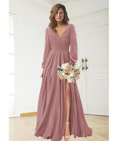 V Neck Bridesmaid Dresses for Women Long Sleeve Chiffon Evening Formal Gown with Slit Red $31.20 Dresses