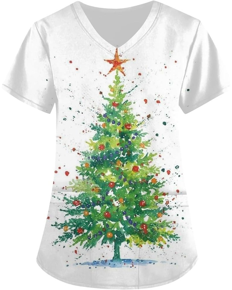 Women's Scrub Tops Christmas V-Neck Short Sleeve Scrub Tops Stretch Tunic with Pockets 01-white $11.43 Tops