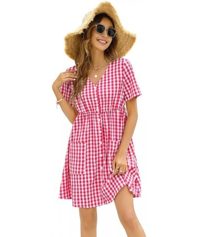 Women Summer Gingham Dress V Neck Short Sleeve Loose Pleated Sundress A Line Mini Dress with Pockets Red 1 $11.75 Dresses