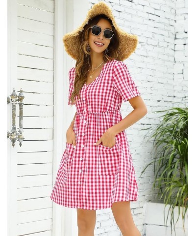 Women Summer Gingham Dress V Neck Short Sleeve Loose Pleated Sundress A Line Mini Dress with Pockets Red 1 $11.75 Dresses