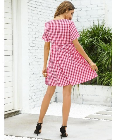 Women Summer Gingham Dress V Neck Short Sleeve Loose Pleated Sundress A Line Mini Dress with Pockets Red 1 $11.75 Dresses