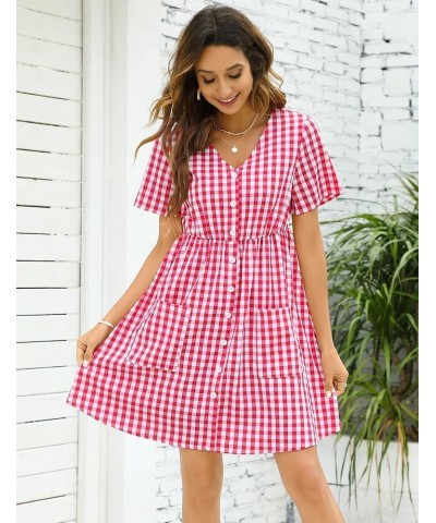 Women Summer Gingham Dress V Neck Short Sleeve Loose Pleated Sundress A Line Mini Dress with Pockets Red 1 $11.75 Dresses