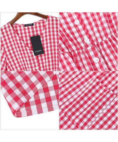 Women Summer Gingham Dress V Neck Short Sleeve Loose Pleated Sundress A Line Mini Dress with Pockets Red 1 $11.75 Dresses