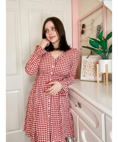 Women Summer Gingham Dress V Neck Short Sleeve Loose Pleated Sundress A Line Mini Dress with Pockets Red 1 $11.75 Dresses