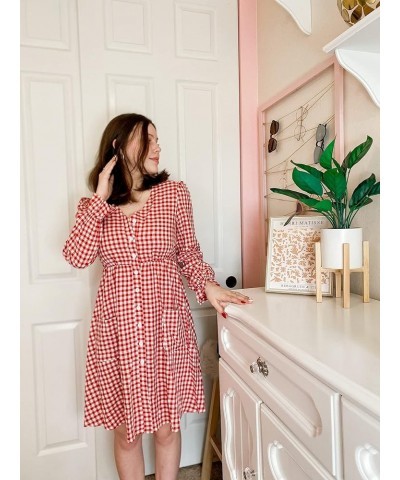 Women Summer Gingham Dress V Neck Short Sleeve Loose Pleated Sundress A Line Mini Dress with Pockets Red 1 $11.75 Dresses