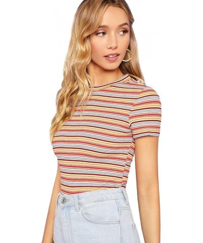 Women's Casual Multi Striped Ribbed Short Sleeve Solid Tee Knit Top Multicolor $10.56 T-Shirts