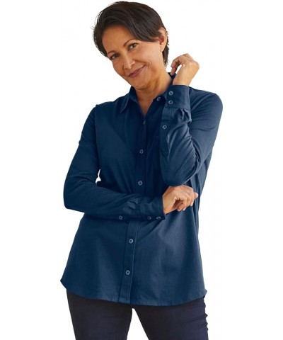 Women's 100% Organic Pima Cotton Long Sleeve Knit Button Down Shirt Dark Ocean $36.41 Blouses