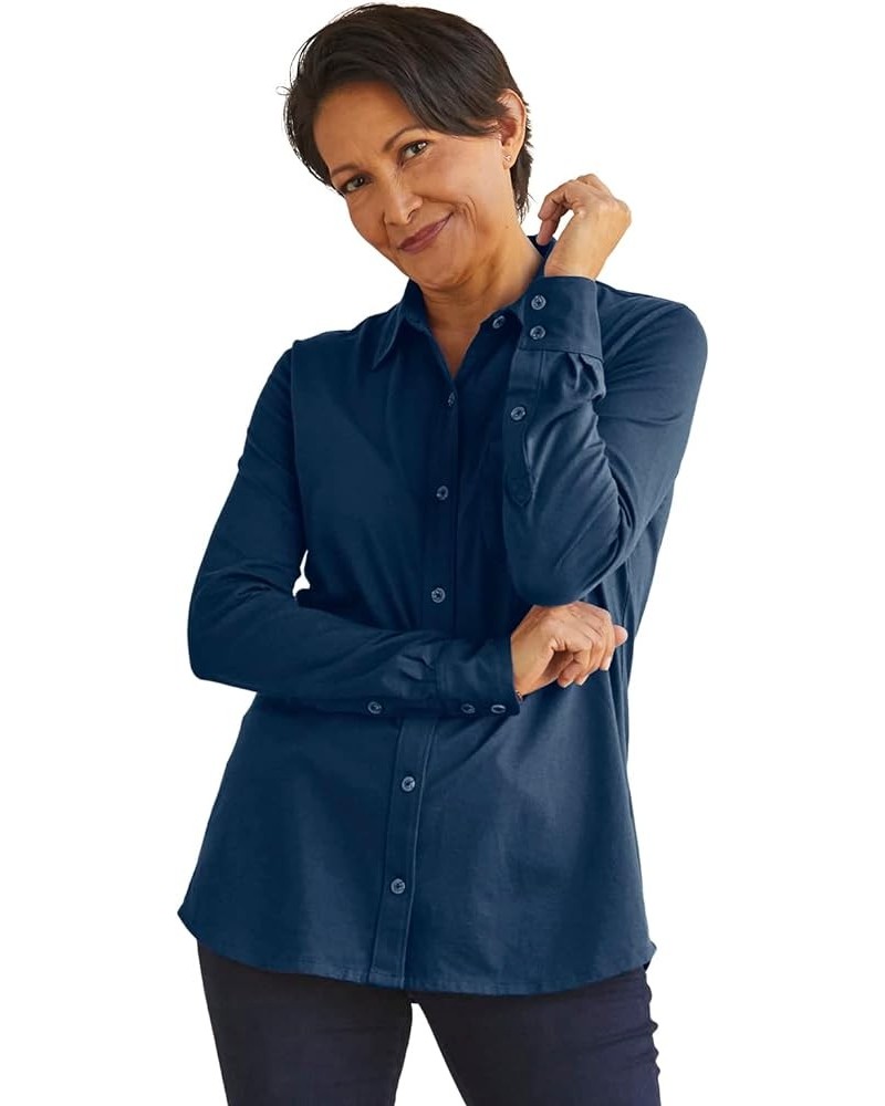 Women's 100% Organic Pima Cotton Long Sleeve Knit Button Down Shirt Dark Ocean $36.41 Blouses