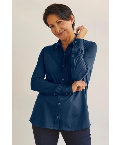 Women's 100% Organic Pima Cotton Long Sleeve Knit Button Down Shirt Dark Ocean $36.41 Blouses