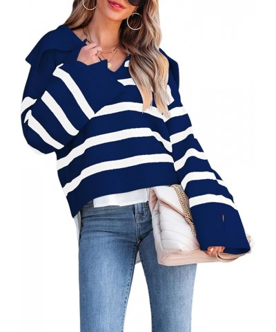 Women's Sweater Navy Collar Striped Long Sleeve Polo V Neck Knitted Pullover 2023 Casual Sweater Tops Navy Blue $13.12 Sweaters