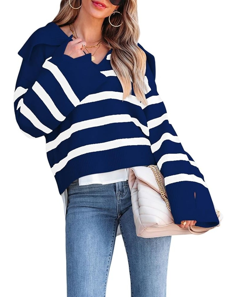 Women's Sweater Navy Collar Striped Long Sleeve Polo V Neck Knitted Pullover 2023 Casual Sweater Tops Navy Blue $13.12 Sweaters