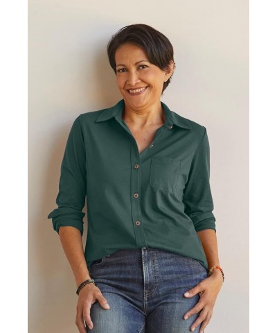 Women's 100% Organic Pima Cotton Long Sleeve Knit Button Down Shirt Dark Ocean $36.41 Blouses