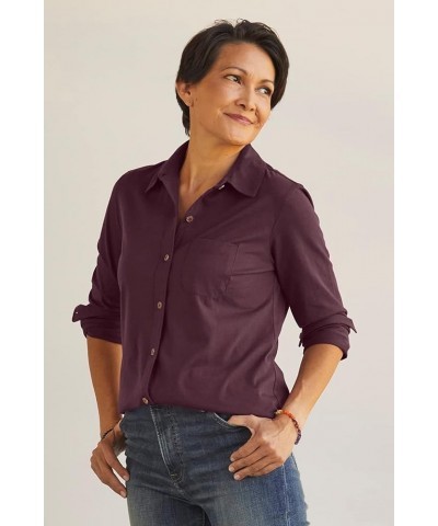 Women's 100% Organic Pima Cotton Long Sleeve Knit Button Down Shirt Dark Ocean $36.41 Blouses