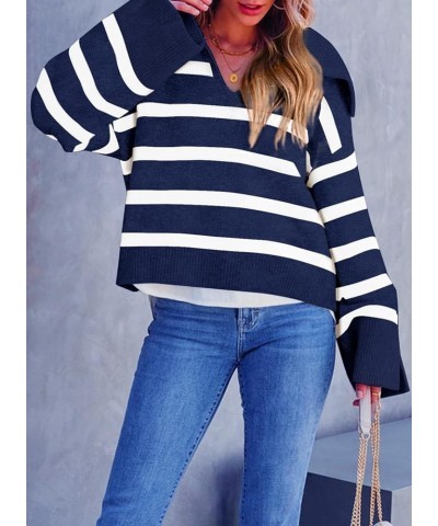 Women's Sweater Navy Collar Striped Long Sleeve Polo V Neck Knitted Pullover 2023 Casual Sweater Tops Navy Blue $13.12 Sweaters