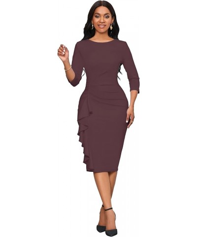 Church Dresses for Women 3/4 Sleeve Bodycon Ruffle Vintage Work Midi Pencil Dress 1seal Brown $26.54 Dresses