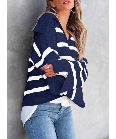 Women's Sweater Navy Collar Striped Long Sleeve Polo V Neck Knitted Pullover 2023 Casual Sweater Tops Navy Blue $13.12 Sweaters