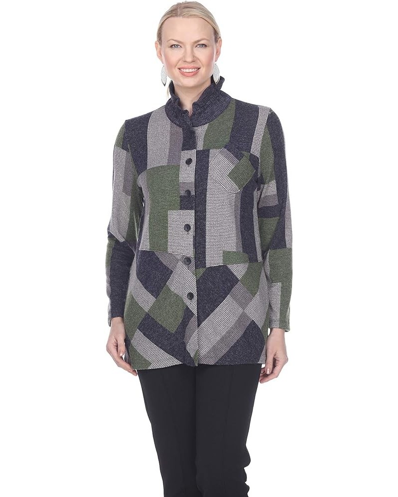 Women's Long Sleeve Button Down Tunic Jeckets with Zigzag Print Fabric T4203/Pine Green $71.20 Tops