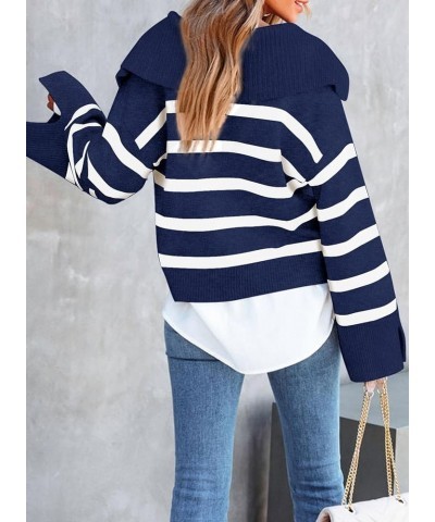 Women's Sweater Navy Collar Striped Long Sleeve Polo V Neck Knitted Pullover 2023 Casual Sweater Tops Navy Blue $13.12 Sweaters