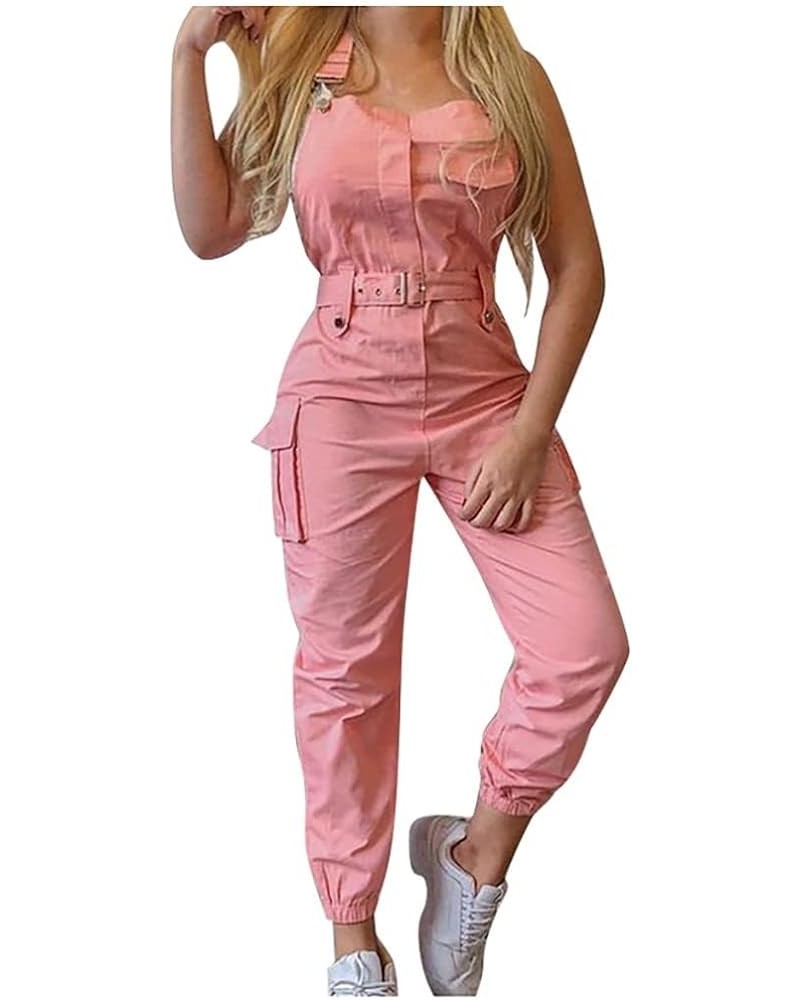 Women 's Cargo Overalls Romper Solid Color Adjustable Straps Cargo Pants Beam Foot One Piece Jumpsuits with Belt S-3XL Pink $...