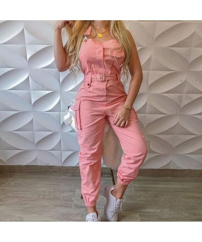 Women 's Cargo Overalls Romper Solid Color Adjustable Straps Cargo Pants Beam Foot One Piece Jumpsuits with Belt S-3XL Pink $...