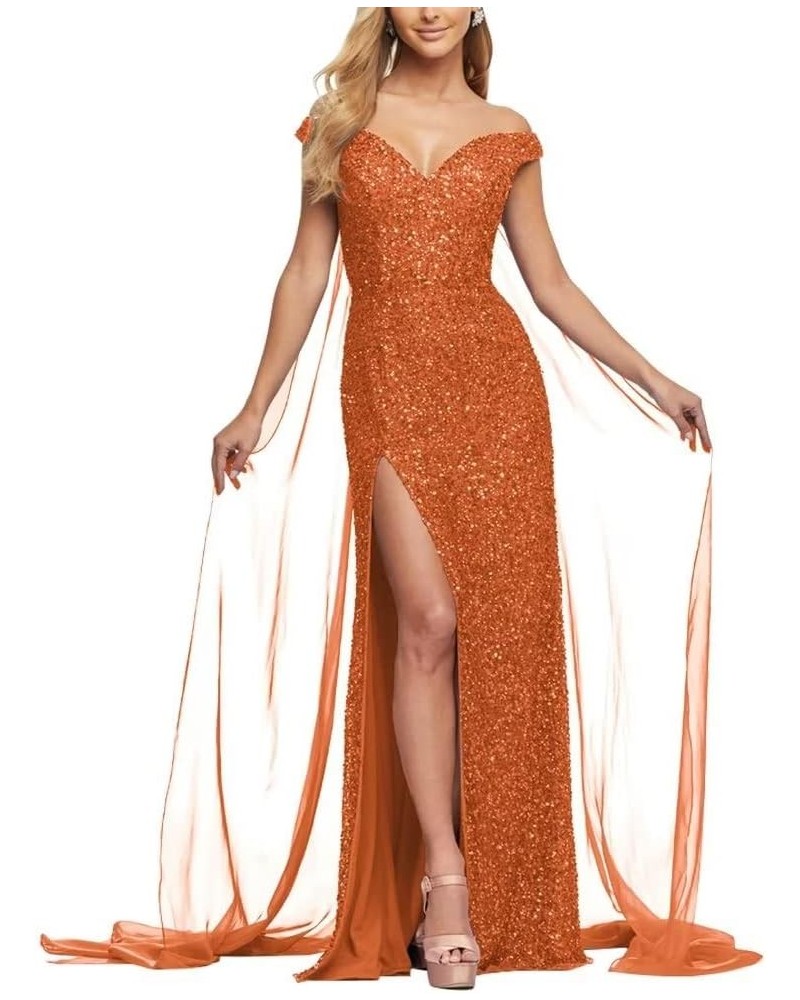 Women's V Neck Sequin Prom Dresses Sparkly Off The Shoulder Prom Gown Detachable Tulle Back Formal Evening Party Dress Orange...