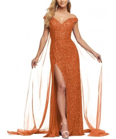 Women's V Neck Sequin Prom Dresses Sparkly Off The Shoulder Prom Gown Detachable Tulle Back Formal Evening Party Dress Orange...