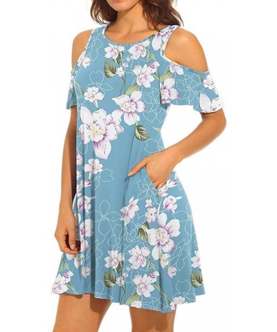 Womens Summer Cold Shoulder Floral Flowy T-Shirt Dress with Pockets Light Blue $15.99 Dresses