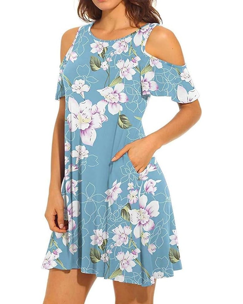 Womens Summer Cold Shoulder Floral Flowy T-Shirt Dress with Pockets Light Blue $15.99 Dresses