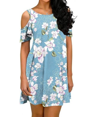 Womens Summer Cold Shoulder Floral Flowy T-Shirt Dress with Pockets Light Blue $15.99 Dresses