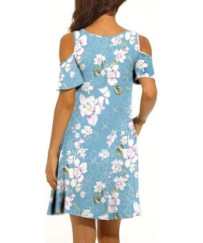 Womens Summer Cold Shoulder Floral Flowy T-Shirt Dress with Pockets Light Blue $15.99 Dresses